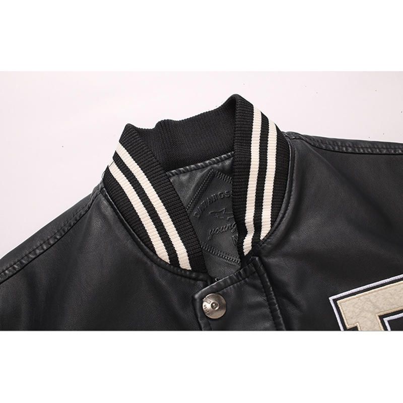 Chaqueta De Béisbol De Corte Entallado Con Insignia De Retazos De Cuero Pu Estilo Motocicleta Para Hombre