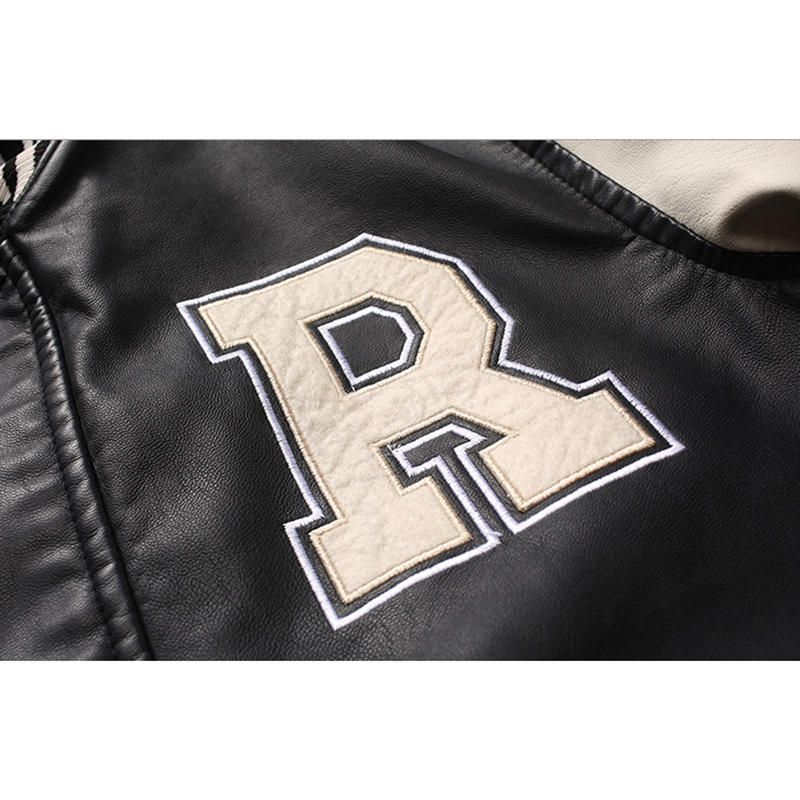 Chaqueta De Béisbol De Corte Entallado Con Insignia De Retazos De Cuero Pu Estilo Motocicleta Para Hombre