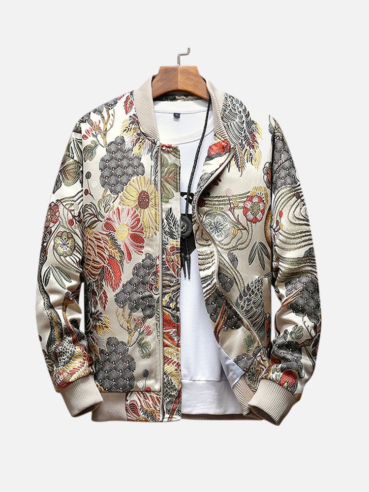 Chaqueta De Béisbol Floral Bordada Con Grúa De Estilo Étnico