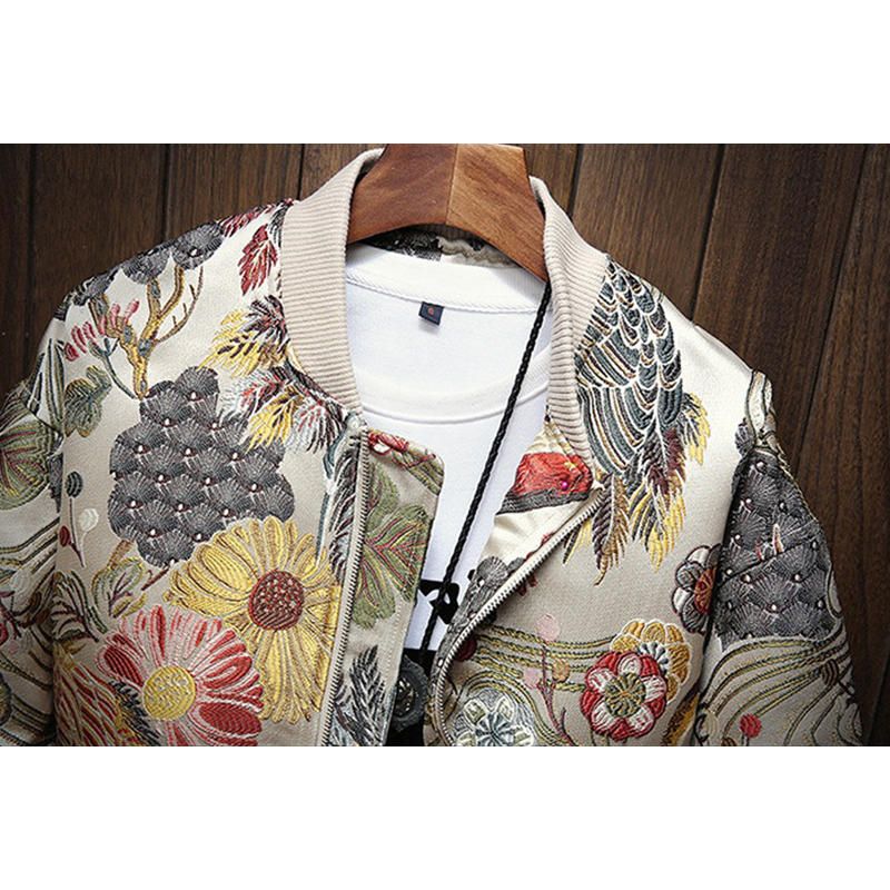 Chaqueta De Béisbol Floral Bordada Con Grúa De Estilo Étnico