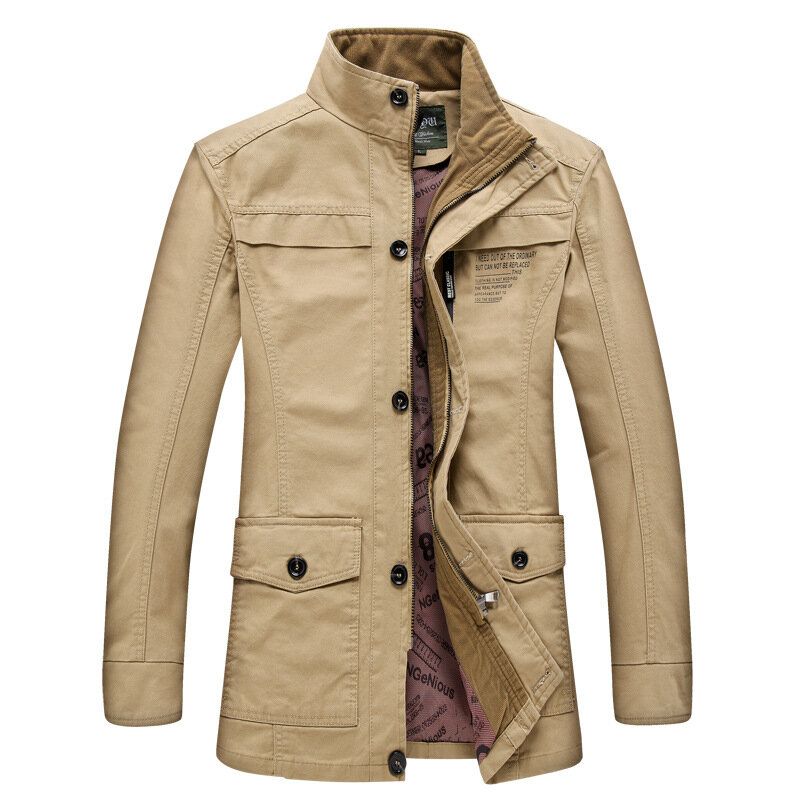 Chaqueta De Carga Tipo Trinchera De Color Sólido Con Bolsillo Con Cremallera Y Cuello Alto Grueso De Algodón De Invierno De Talla Grande Para Hombre