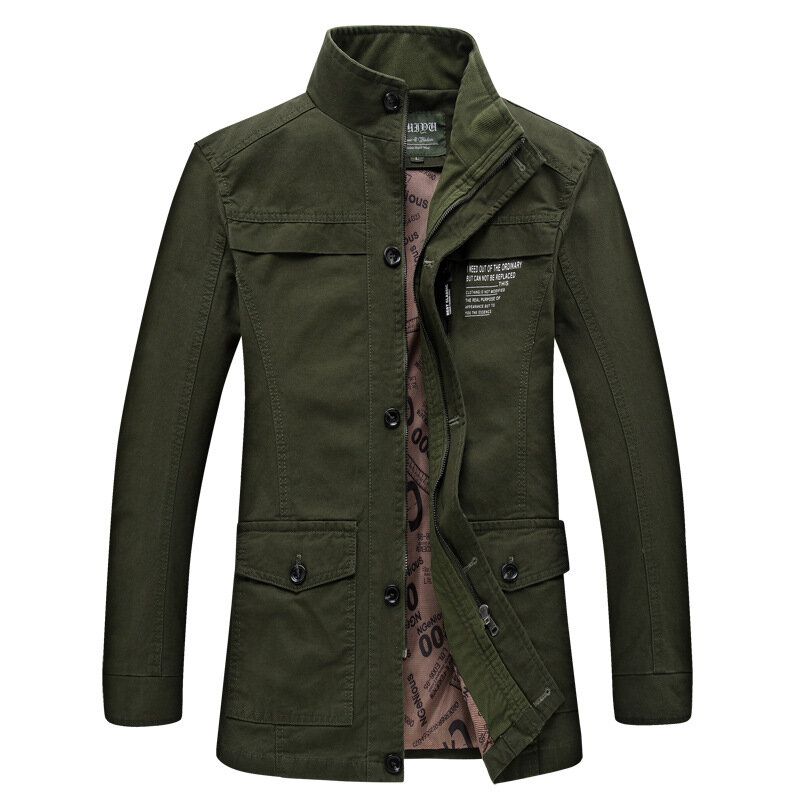 Chaqueta De Carga Tipo Trinchera De Color Sólido Con Bolsillo Con Cremallera Y Cuello Alto Grueso De Algodón De Invierno De Talla Grande Para Hombre