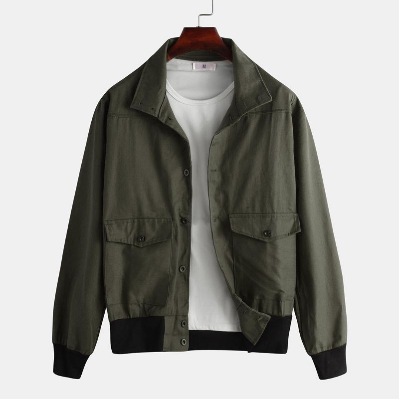 Chaqueta Cargo De Manga Larga De Color Sólido Con Botones Vintage Para Hombre