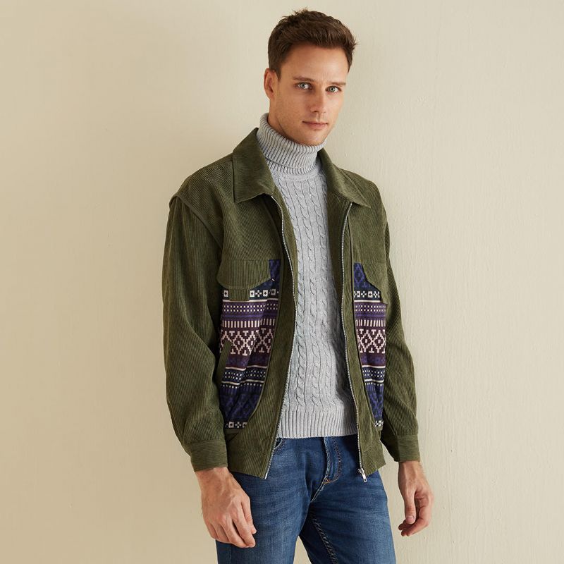 Chaqueta Casual Con Cremallera Gruesa De Manga Larga Con Estampado De Pana Para Hombre