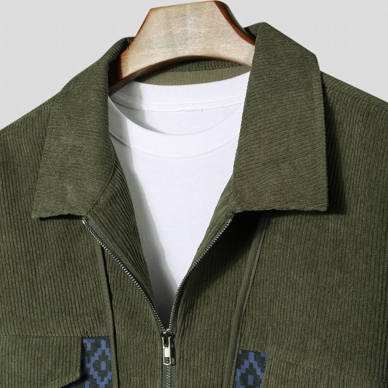 Chaqueta Casual Con Cremallera Gruesa De Manga Larga Con Estampado De Pana Para Hombre