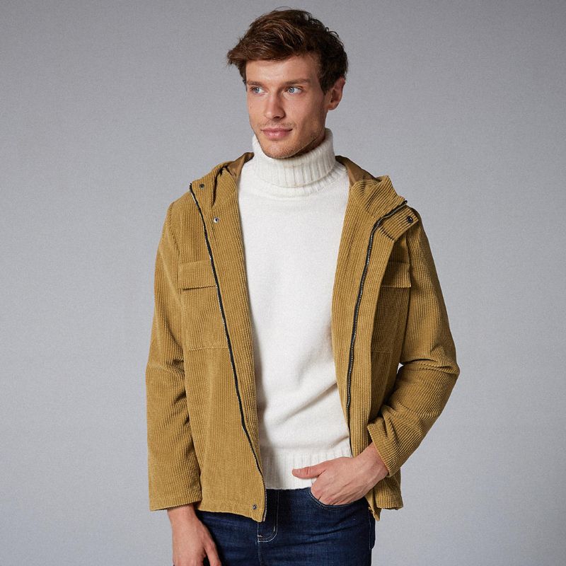 Chaqueta Casual De Manga Larga Con Bolsillos Prácticos Con Capucha De Pana Vintage Para Hombre