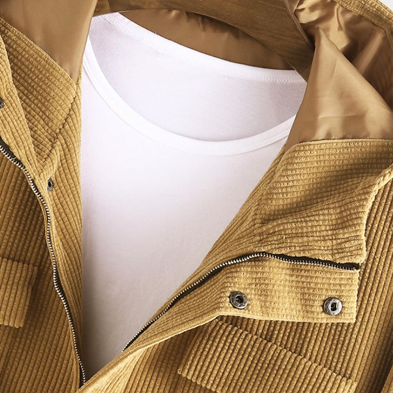 Chaqueta Casual De Manga Larga Con Bolsillos Prácticos Con Capucha De Pana Vintage Para Hombre