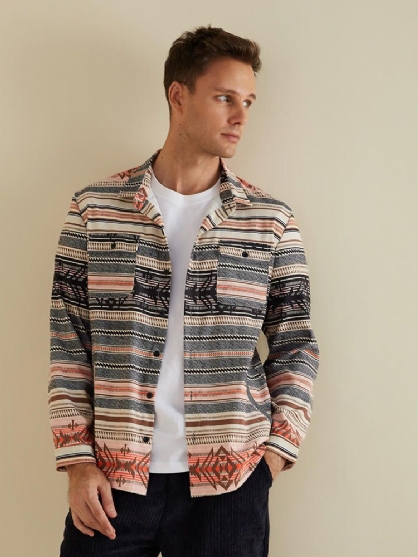 Chaqueta Casual De Manga Larga Con Estampado De Bolsillos Dobles De Otoño Para Hombre