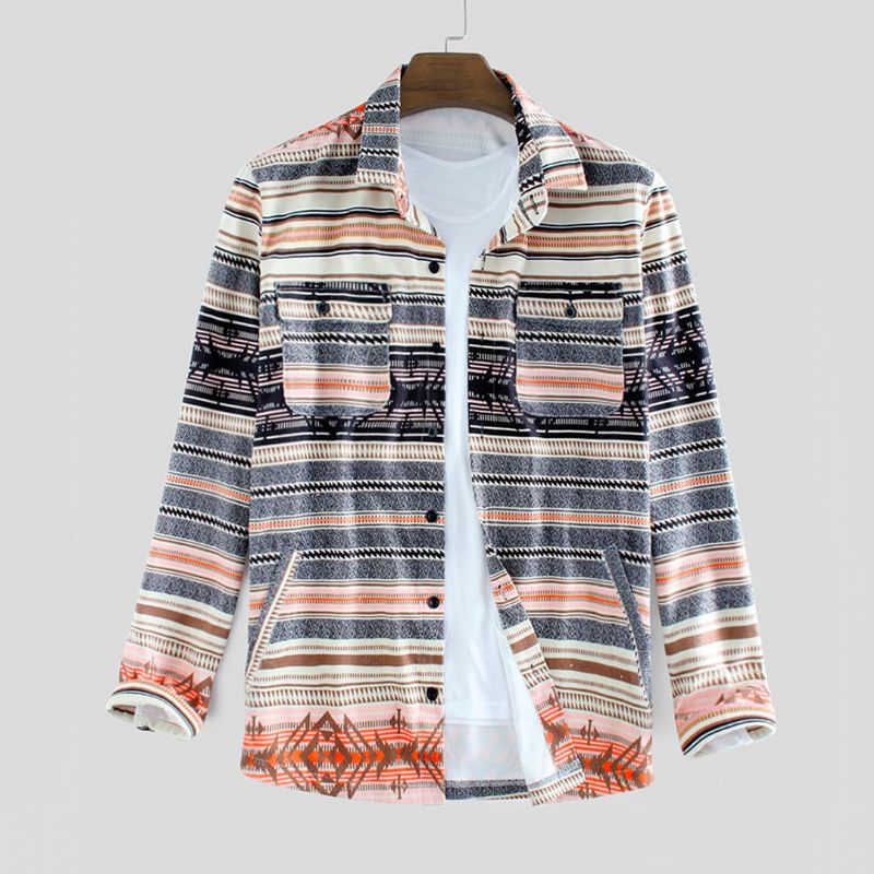 Chaqueta Casual De Manga Larga Con Estampado De Bolsillos Dobles De Otoño Para Hombre