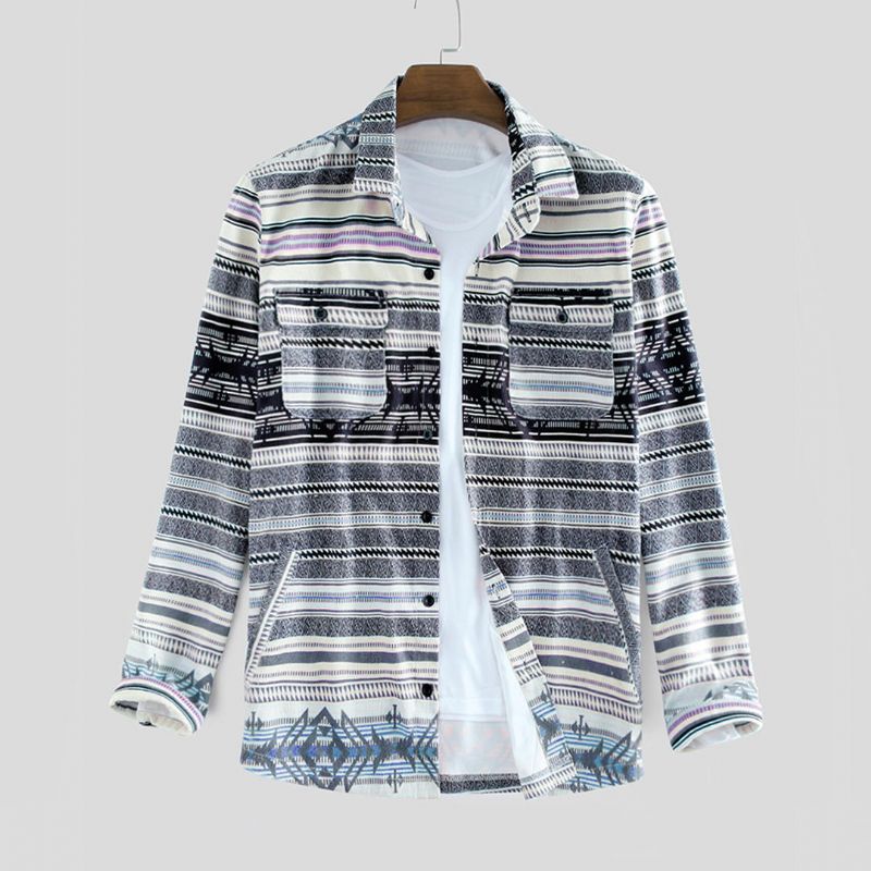 Chaqueta Casual De Manga Larga Con Estampado De Bolsillos Dobles De Otoño Para Hombre