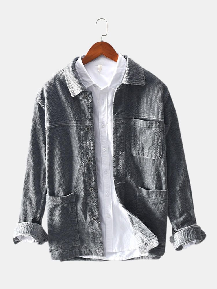 Chaqueta Casual De Manga Larga Con Múltiples Bolsillos Prácticos Vintage De Pana Para Hombre