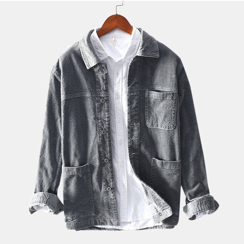 Chaqueta Casual De Manga Larga Con Múltiples Bolsillos Prácticos Vintage De Pana Para Hombre