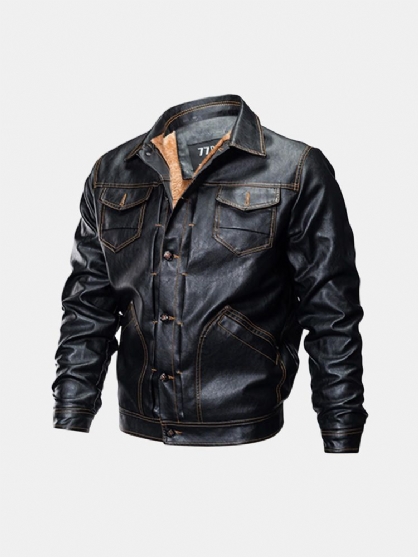 Chaqueta De Cuero De Moto Casual Para Hombre Chaqueta De Lana Gruesa Con Múltiples Bolsillos