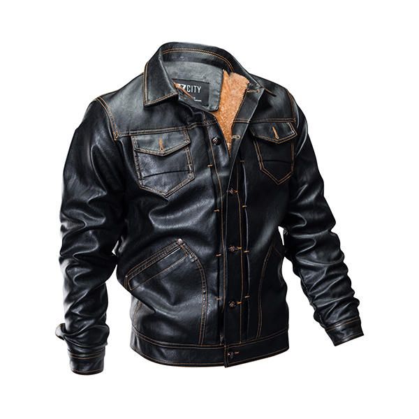 Chaqueta De Cuero De Moto Casual Para Hombre Chaqueta De Lana Gruesa Con Múltiples Bolsillos