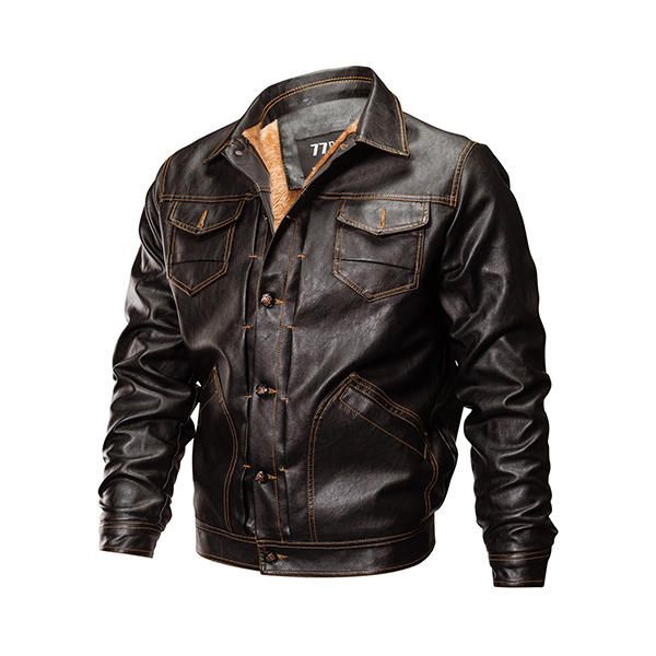 Chaqueta De Cuero De Moto Casual Para Hombre Chaqueta De Lana Gruesa Con Múltiples Bolsillos