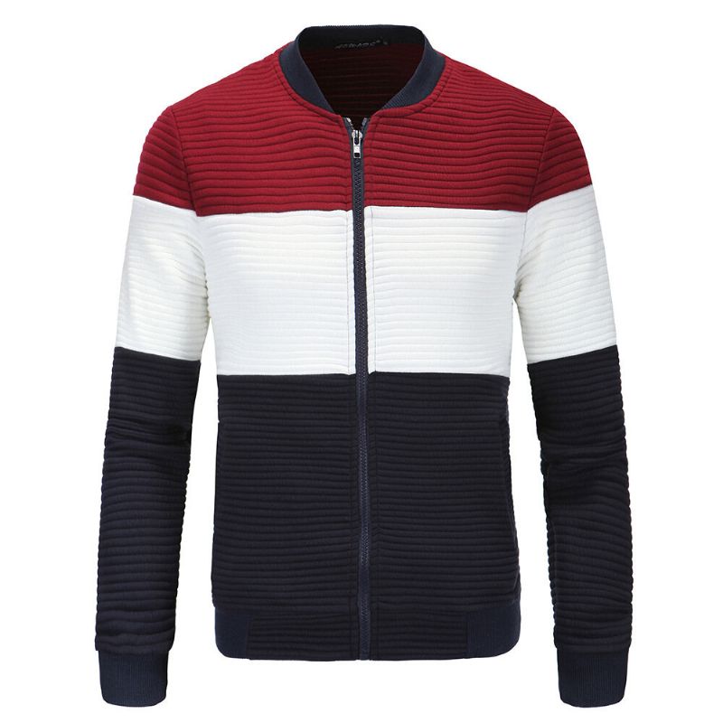 Chaqueta Delgada Con Estampado De Rayas De Color En Contraste De Cuello De Béisbol De Moda Para Hombre