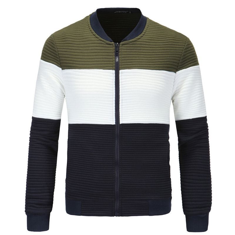 Chaqueta Delgada Con Estampado De Rayas De Color En Contraste De Cuello De Béisbol De Moda Para Hombre