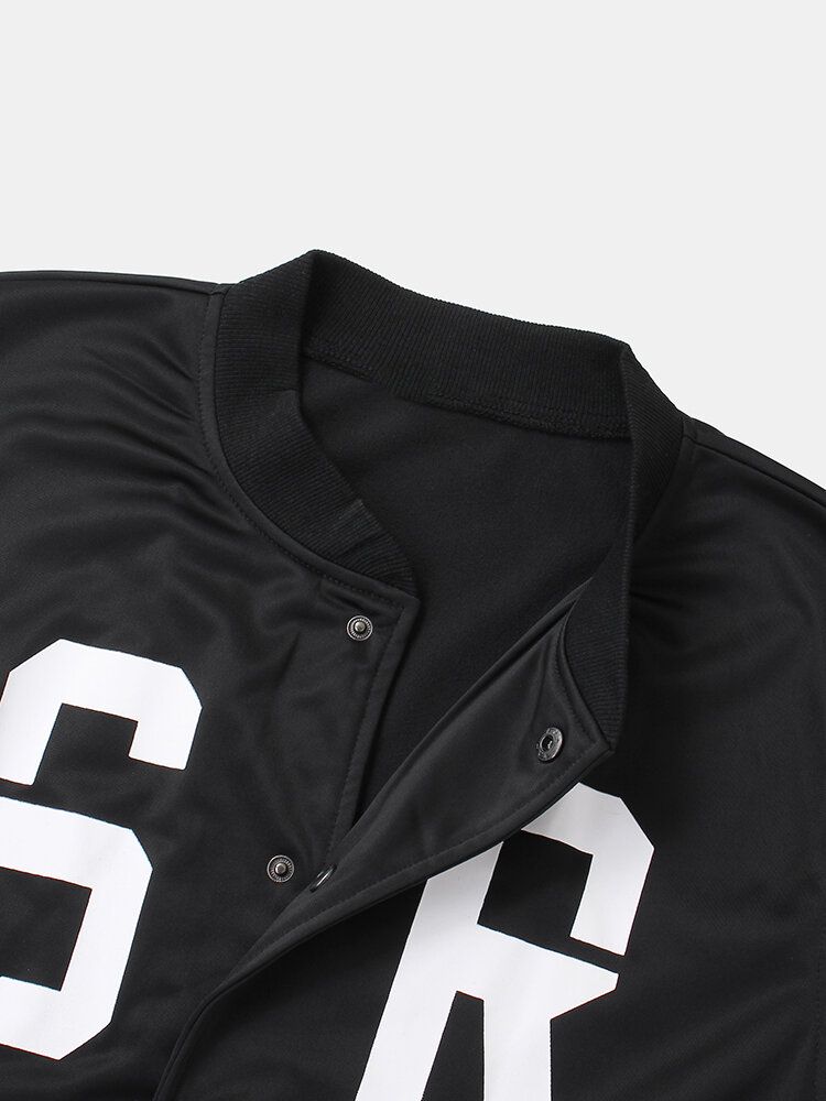 Chaqueta Deportiva De Manga Larga Con Bolsillo De Cuello De Béisbol Con Estampado De Letras Para Hombre