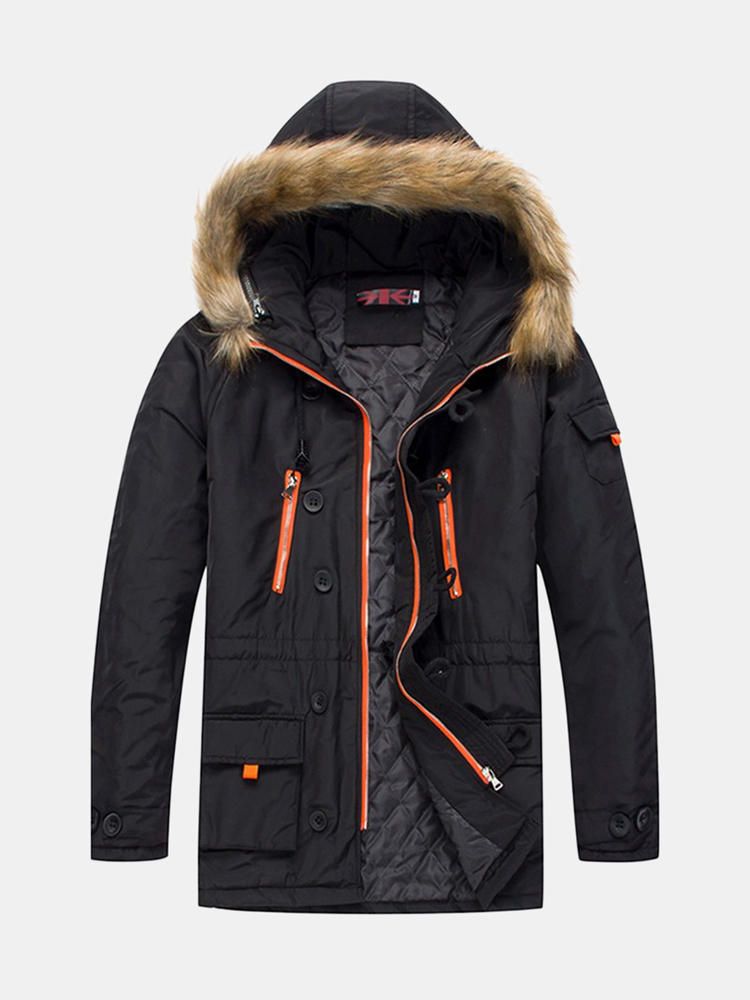 Chaqueta Gruesa De Invierno Para Hombre Parka Acolchada De Algodón Con Múltiples Bolsillos Desmontables De Piel Sintética Con Capucha