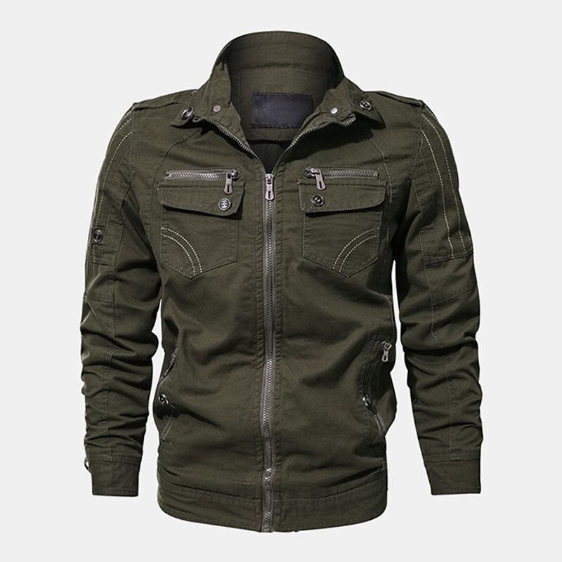 Chaqueta Informal Gruesa Con Cuello Alto Y Cremallera Para Hombre Al Aire Libre Con Múltiples Bolsillos