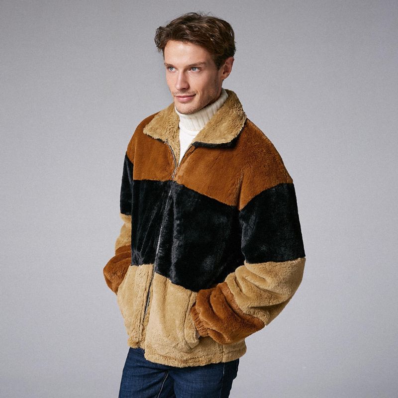 Chaqueta Informal Gruesa Con Cuello Vuelto De Retazos De Moda Para Hombre