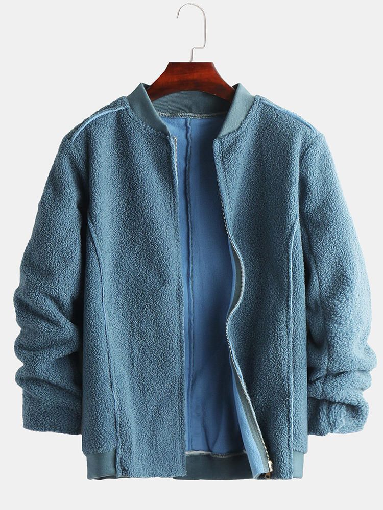 Chaqueta Informal De Un Solo Pecho Con Cuello Alto De Lana De Color Puro Con Cremallera Gruesa Para Hombre