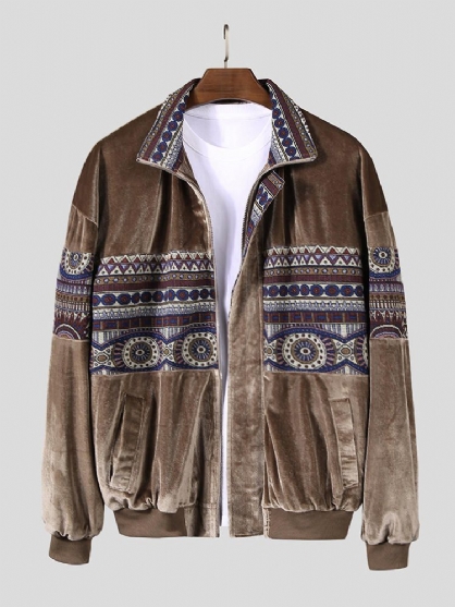 Chaqueta Vintage De Terciopelo Con Costura De Patrón Étnico Para Hombre