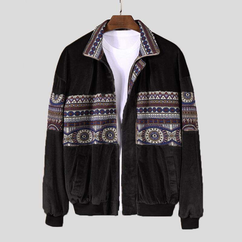 Chaqueta Vintage De Terciopelo Con Costura De Patrón Étnico Para Hombre