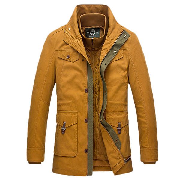 Forro Desmontable Para Hombre Cuello Alto Chaqueta Cálida Con Múltiples Bolsillos Color En Contraste Abrigo Medio Largo