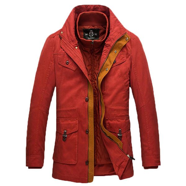 Forro Desmontable Para Hombre Cuello Alto Chaqueta Cálida Con Múltiples Bolsillos Color En Contraste Abrigo Medio Largo