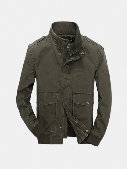 Hombre Outdoor Stand Collar Color Sólido Militar Bolsillos Grandes Chaqueta Algodón Otoño Abrigo