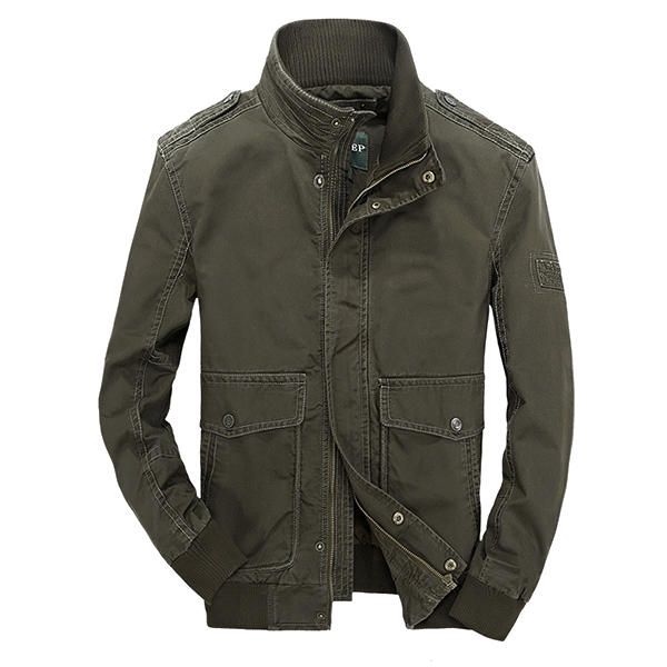 Hombre Outdoor Stand Collar Color Sólido Militar Bolsillos Grandes Chaqueta Algodón Otoño Abrigo