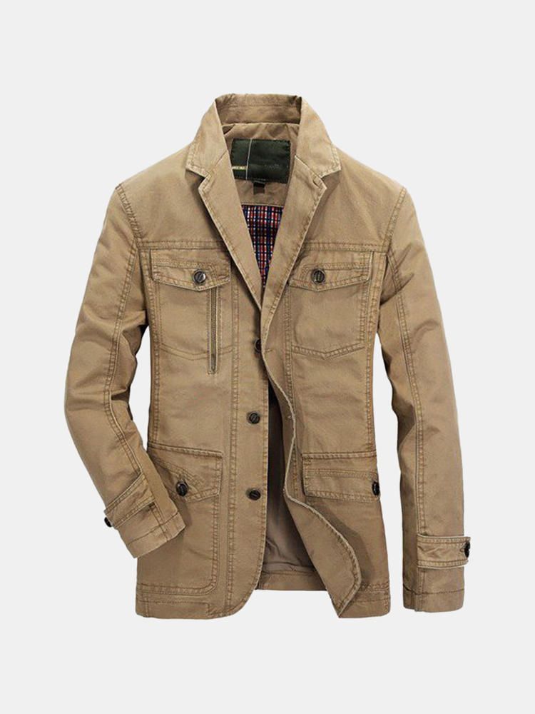 Hombres Otoño Algodón Multi Bolsillos Un Solo Pecho Casual Negocios Botón Blazers Chaqueta Abrigos