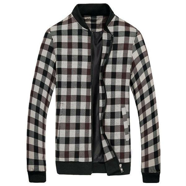 Hombres Otoño Invierno Mezcla De Algodón Plaid Stand Collar Cremallera Deportes Elásticos Puños Chaqueta Abrigo