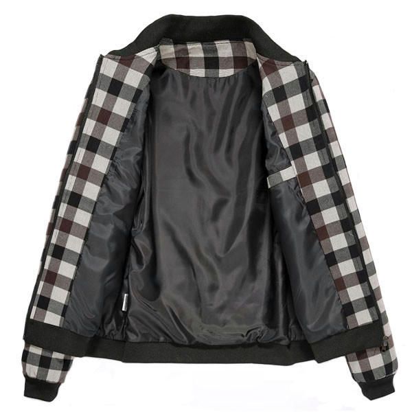 Hombres Otoño Invierno Mezcla De Algodón Plaid Stand Collar Cremallera Deportes Elásticos Puños Chaqueta Abrigo