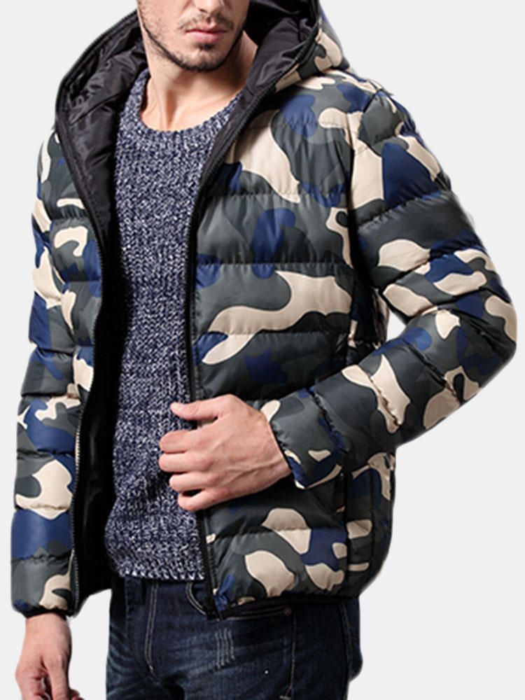 Moda Para Hombre Camuflaje De Impresión Chaqueta Gruesa De Invierno Cálido Abrigo Con Capucha