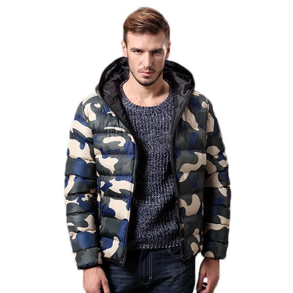 Moda Para Hombre Camuflaje De Impresión Chaqueta Gruesa De Invierno Cálido Abrigo Con Capucha