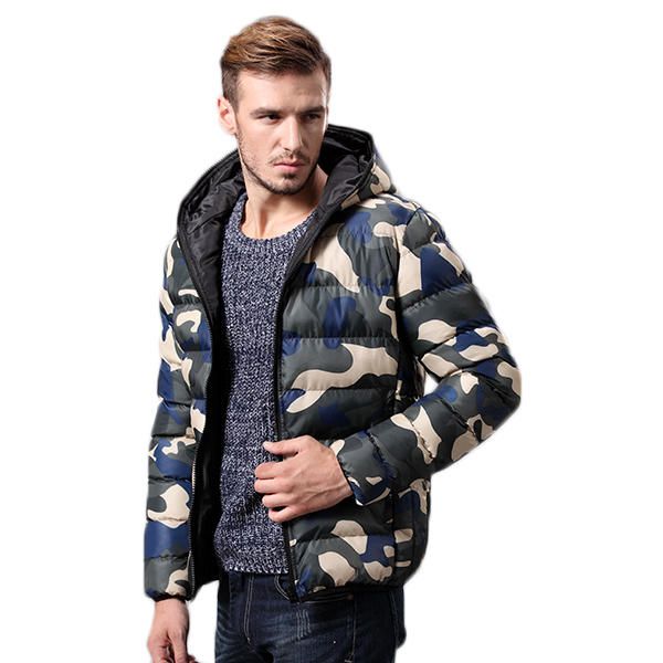 Moda Para Hombre Camuflaje De Impresión Chaqueta Gruesa De Invierno Cálido Abrigo Con Capucha