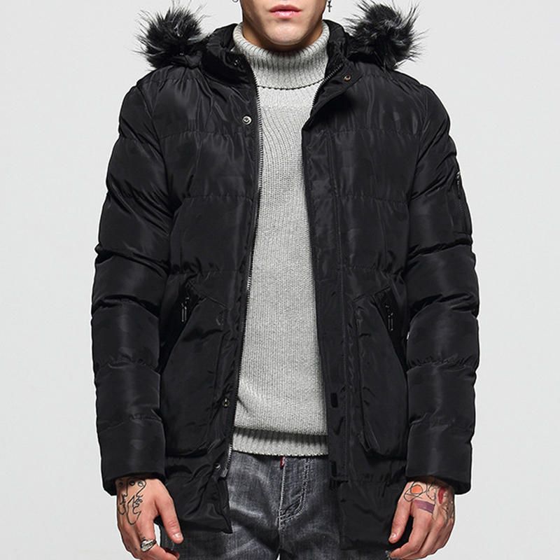 Parka Con Capucha De Piel Sintética Para Hombre Invierno Medio Largo Grueso Cálido