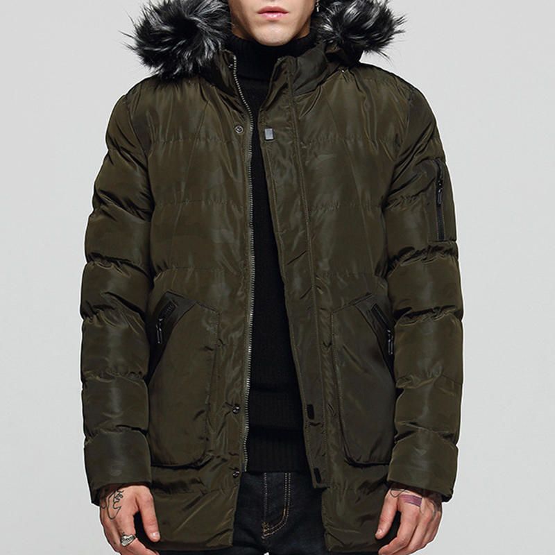 Parka Con Capucha De Piel Sintética Para Hombre Invierno Medio Largo Grueso Cálido