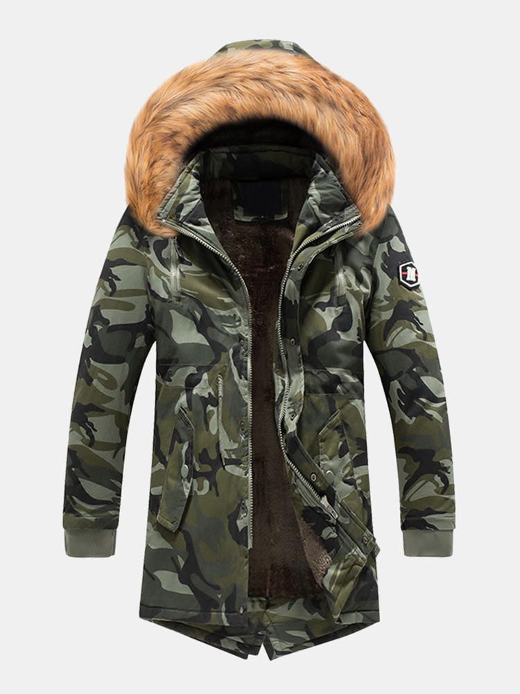 Parka De Invierno Para Hombre De Piel Sintética Con Capucha De Camuflaje Con Múltiples Bolsillos