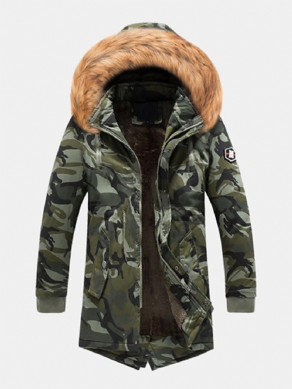 Parka De Invierno Para Hombre De Piel Sintética Con Capucha De Camuflaje Con Múltiples Bolsillos