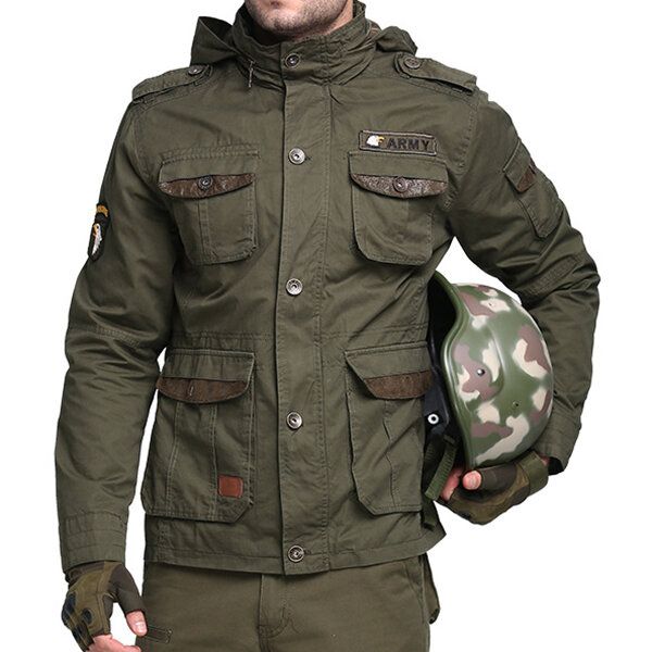 Tactical Army Military Style Multi Bolsillos Cuello Alto Capucha Desmontable Chaquetas Al Aire Libre Para Hombres