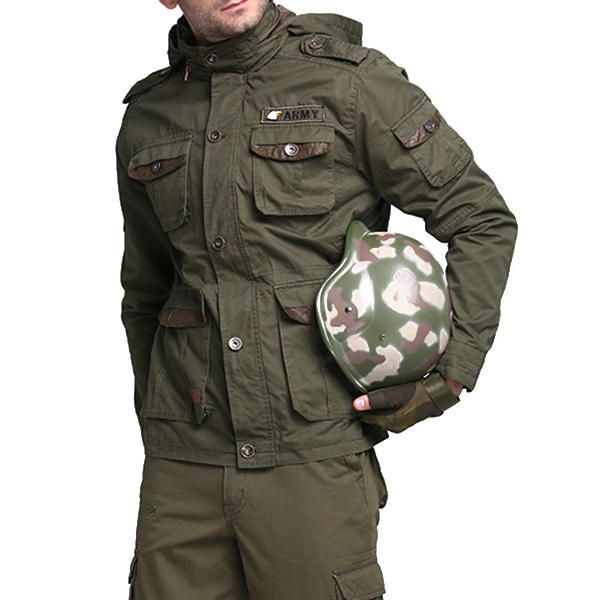 Tactical Army Military Style Multi Bolsillos Cuello Alto Capucha Desmontable Chaquetas Al Aire Libre Para Hombres