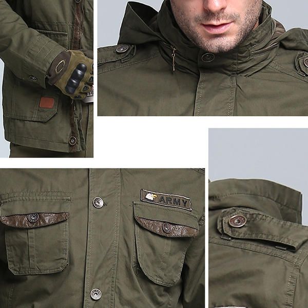 Tactical Army Military Style Multi Bolsillos Cuello Alto Capucha Desmontable Chaquetas Al Aire Libre Para Hombres