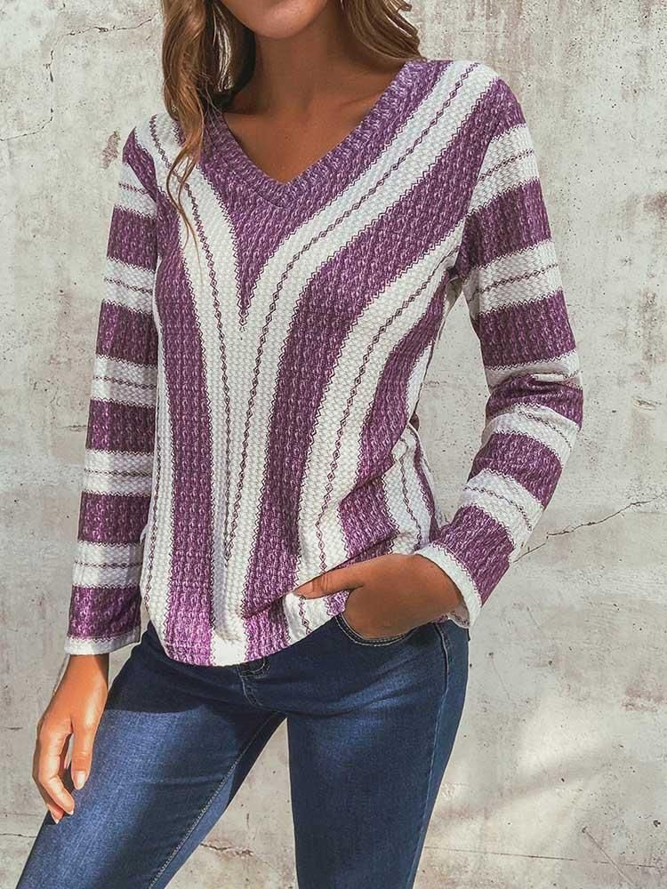 Blusa De Suéteres De Punto Informal De Manga Larga Con Cuello En V A Rayas Para Mujer