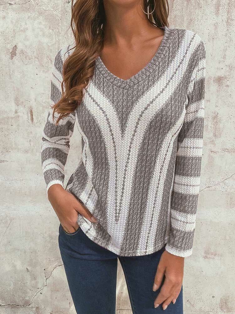 Blusa De Suéteres De Punto Informal De Manga Larga Con Cuello En V A Rayas Para Mujer