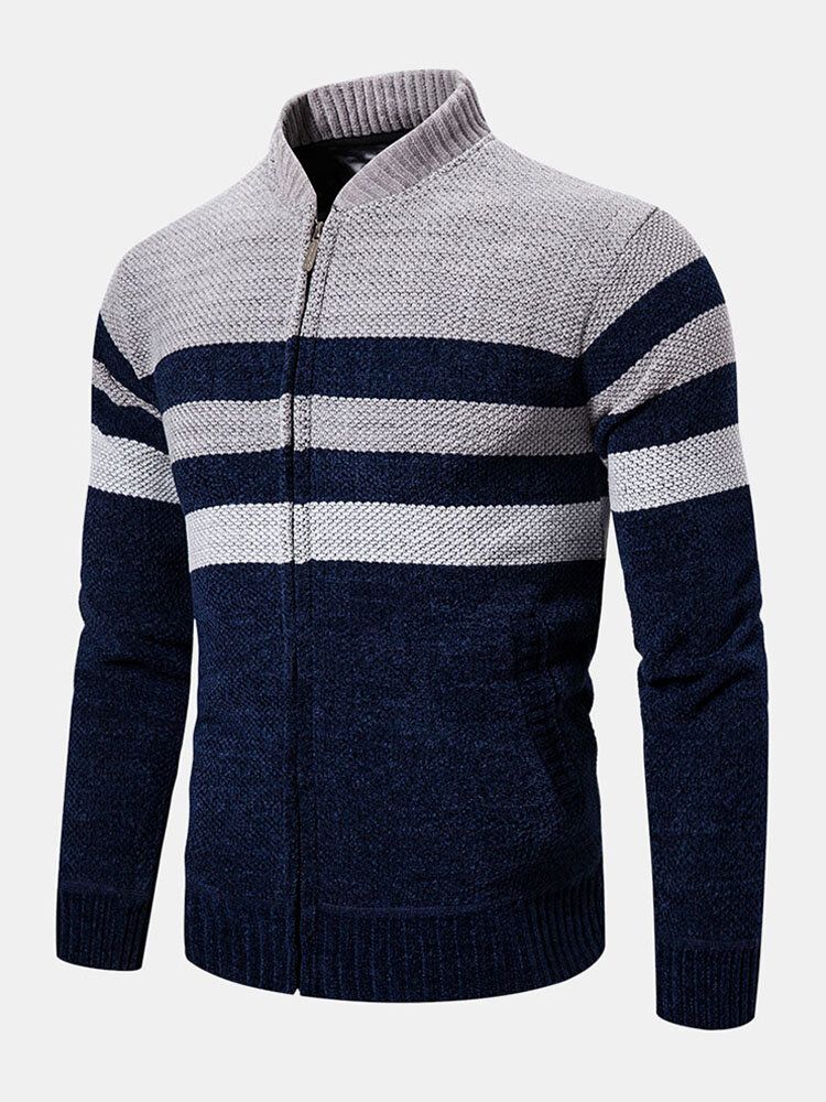 Chaqueta Con Capucha De Manga Larga Con Cuello De Béisbol Y Bolsillo Inclinado A Rayas En Bloques De Color Para Hombre