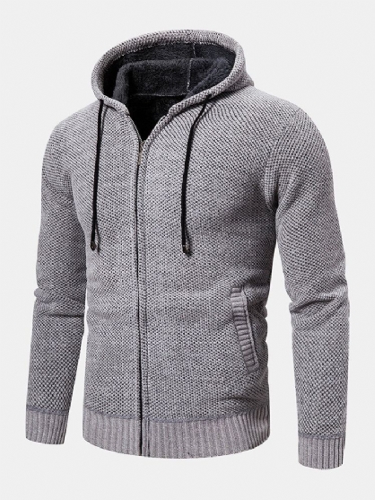 Chaqueta Con Capucha De Suéter Con Capucha De Manga Larga Cálida De Color Sólido Con Cremallera Frontal De Punto Para Hombre