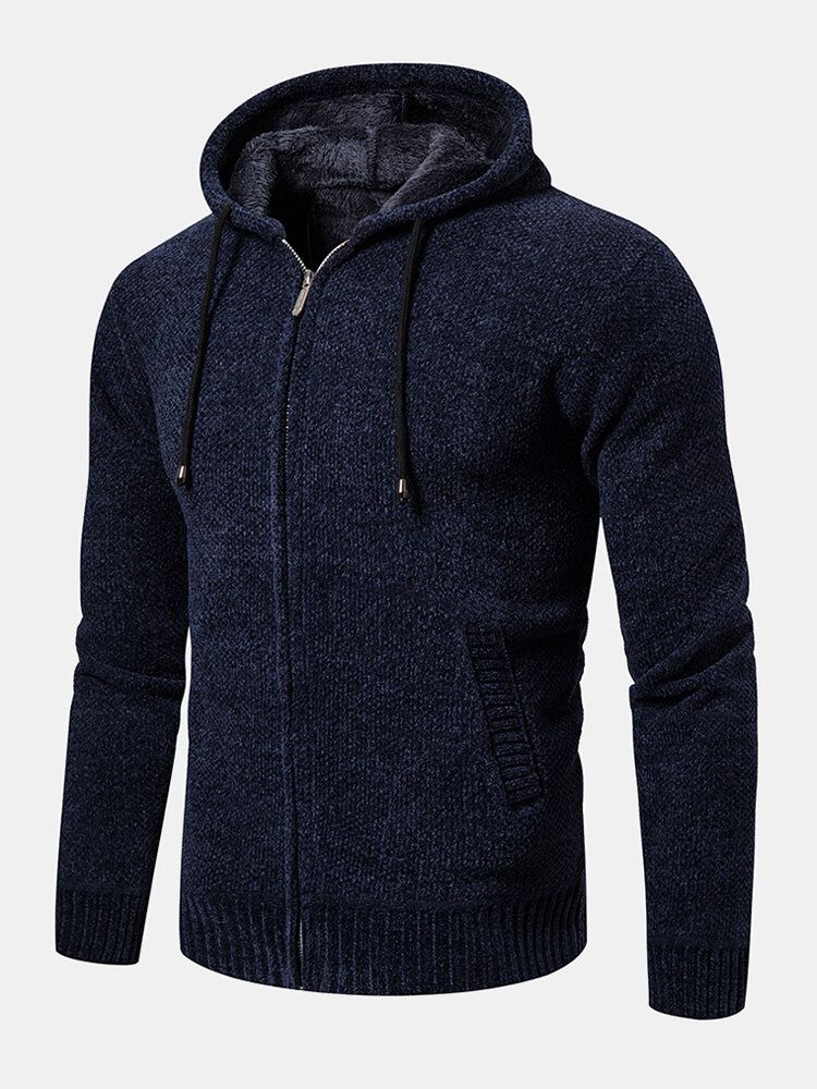 Chaqueta Con Capucha De Suéter Con Capucha De Manga Larga Cálida De Color Sólido Con Cremallera Frontal De Punto Para Hombre